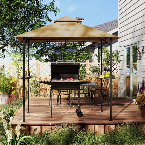 Outsunny 8' x 5' BBQ Grill Gazebo Tent with Double Tiered Canopy for Outdoor Sun Shade, Khaki