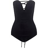 Choies Women's Burgundy/Black Sexy Plunge Neck Strapless Cross Back Velvet Bodysuit