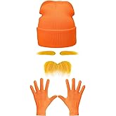 3 Pcs Orange Cosutme Accessory Set Including Orange Beanie Cap Eyebrow Mustaches Gloves Book Character Costume for World Book Day Cosplay Party Supplies