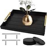 SXNOWS Coffee Table Trays - Large Ottoman Tray for Living Room -Wood Serving Tray with 2 Sets of Handles - Wooden Tray for Coffee Table, 4 Round Coasters Included, Black