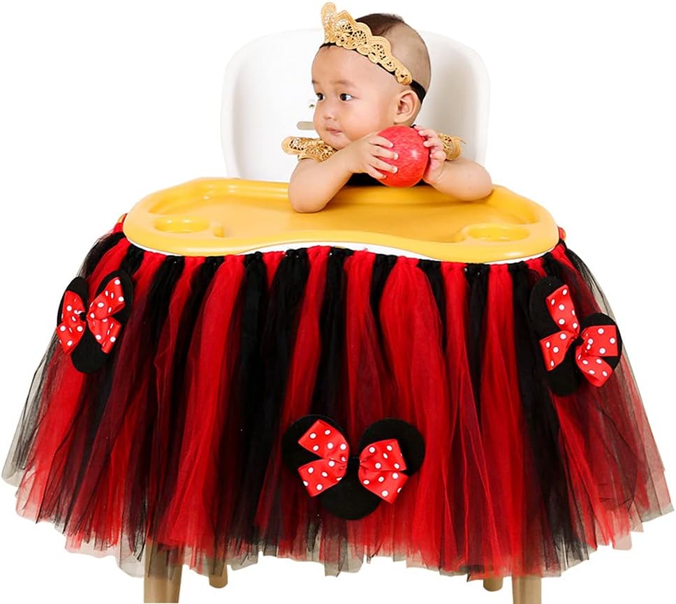 Black and Red Baby High Chair Tutu Skirt, Tulle Highchair Skirt for 1st Birthday, Mesh Fluffy Party Favor High Chair Banner for Party Decoration (Black and red)