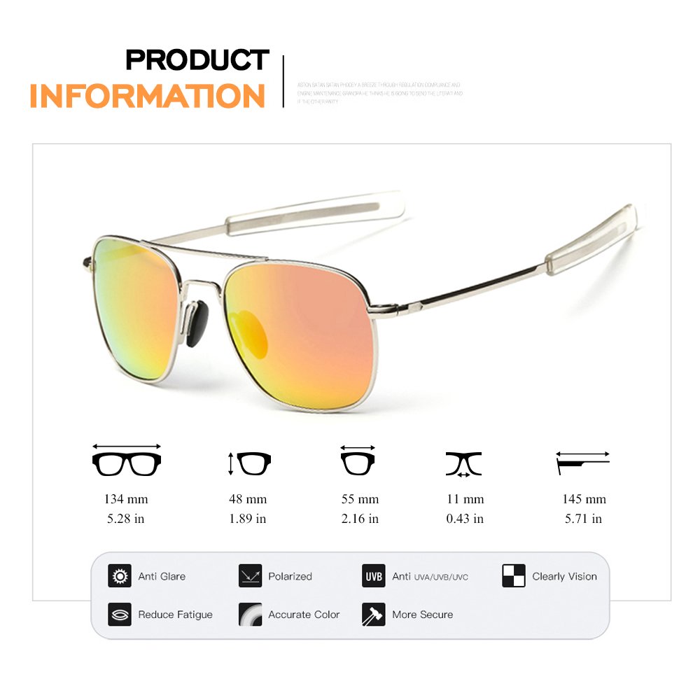 FAPIR Retro Polarized Aviator Sunglasses For Men UV Protection Mirrored Metal Military Pilot Glasses (Silver&Orange Red, 55)