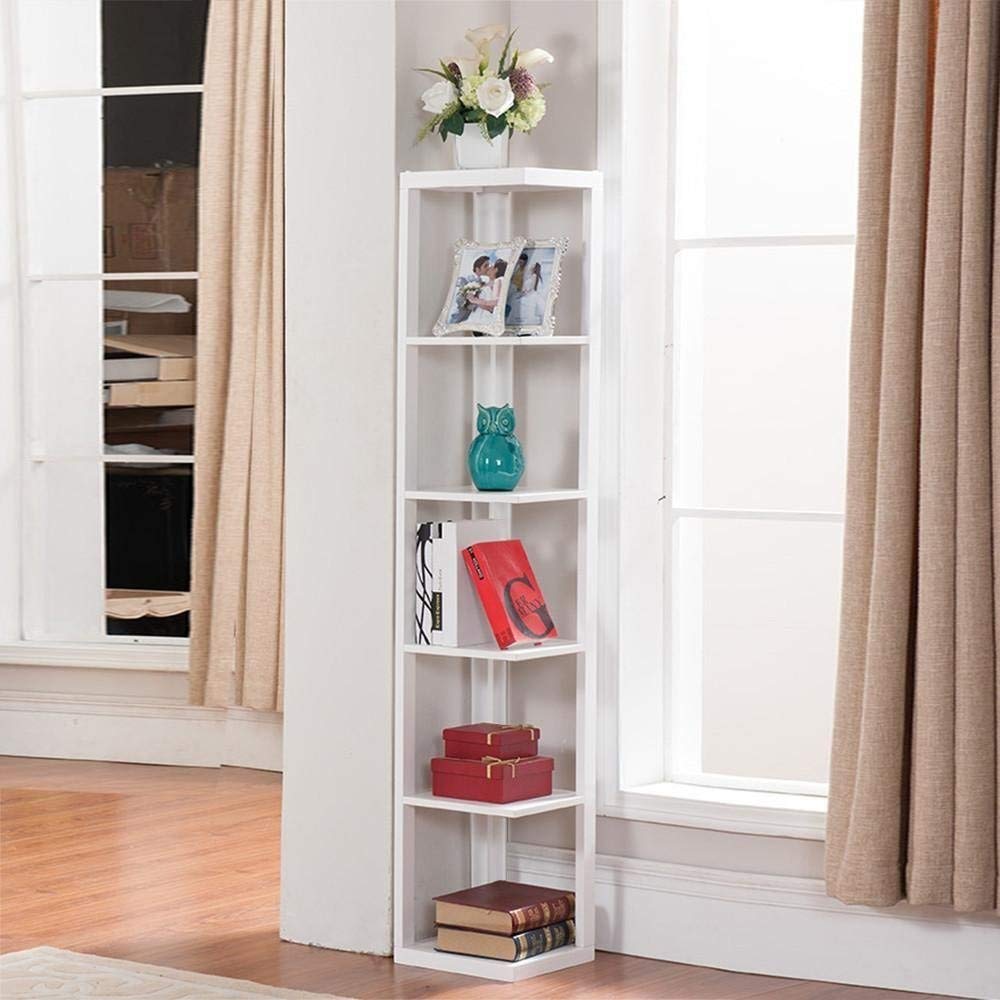 truecharms 5 Tier White Finish Wood Wall Corner Shelf Slim Bookshelf