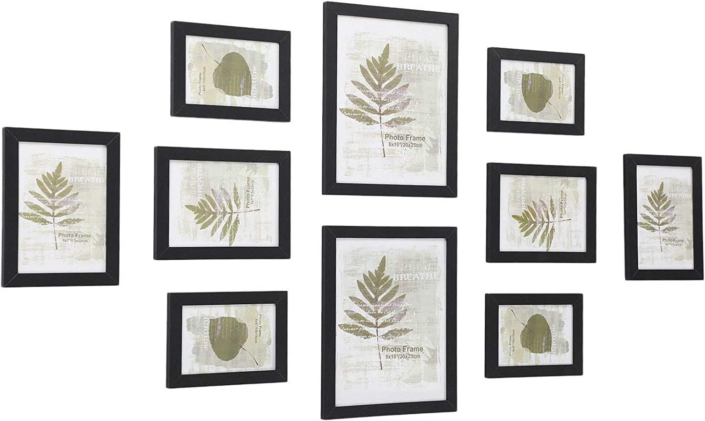 SONGMICS Bilderrahmen 10er Set, für 2 Fotos in 20 x 25 cm, 4 Fotos in 13 x 18 cm, 4 Fotos in 10 x 15 cm, Kunststoffscheibe, MDF, tintenschwarz RPF310H