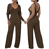 ABKY Womens 2 Piece Outfits Casual Ribbed Knitted Long Sleeve Batwing Cardigan V neck Tank Wide Leg Jumpsuits Set With Pocket