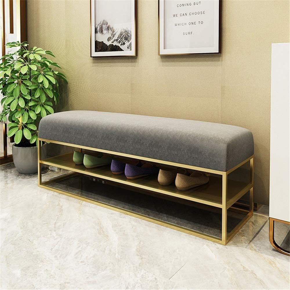 LAOSUNJIA Metal Shoe Bench 2-layer Shoe Rack Bed End Stool Rest Stool Upholstered Tufted Bench Ottoman Bench With Padded Seat For Hallway Door Entryway (Color : Gray, Size : 120x35x45cm)