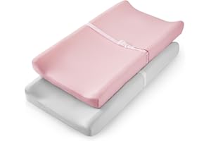 TILLYOU Changing Pad Cover Set in Soft Jersey Material Diaper Changing Pad Cover Girl - Fits 32"/34''x16 Contoured Pad for Babies,Peachy Pink & Lt Gray