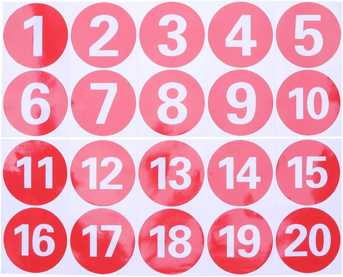 STOBOK PVC Round Number Stickers Big Red Digital Adhesive Stickers 1-20 Number Line-Up Helper Stickers Antistatic - 3.7inch / 9.5cm