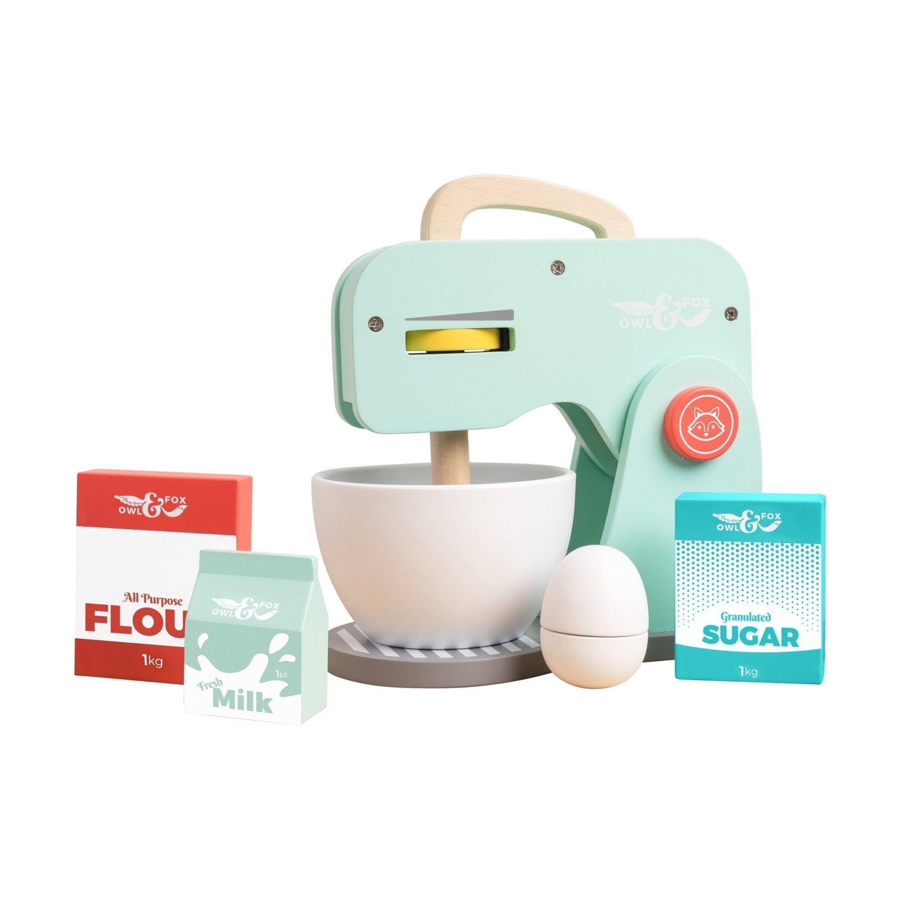 Owl & Fox Wooden Baking Set, Pretend Play Toy Kitchen Appliance, Baking Mixer Set with Accessories; Kitchen Role Play for Ages 3+ , Dimensions 20x12x23 cm, Turquoise
