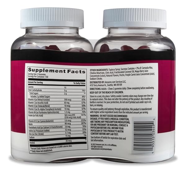 AMAZON BASICS ADULT MULTIVITAMIN FOR MEN & WOMEN, 300 GUMMIES WITH VITAMINS A, C, D, E, B-6 AND B-12, 150 COUNT (PACK OF 2) (150 DAY SUPPLY) (PREVIOUSLY SOLIMO)