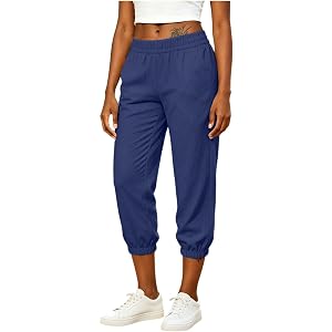Linen Capri Pants for Women Elastic Waist Lightweight Joggers Casual Summer Cropped Pants with Pockets