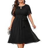 Pinup Fashion Plus Size Dresses for Wedding Guest - Semi Formal Cocktail Chiffon Keyhole Neck Knee Length Dress