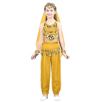 Agoky Kinder Mädchen Bauchtanz Kostüme Set - 5 Teiliges Set Outfit Kostüm Indien BellyD ance Kleidung Top + Hose +Kopfabedeckung +Armband Weinachten