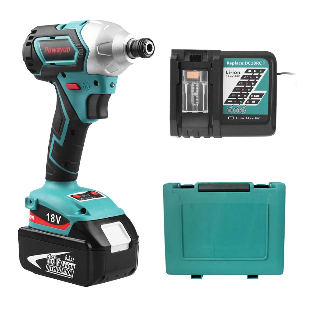 Powayup pour Makita cl/&eacute; /&agrave; chocs sans fil 1X 18V 5.5Ah batterie pour Makita BL1860B et 1X chargeur Li-ion de 14,4 V 18 V pour Makita