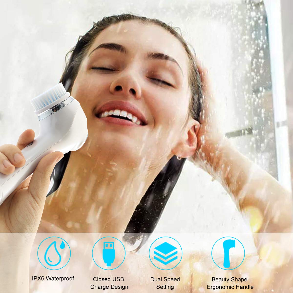 Facial Cleansing Brush, EMS & Ion Technology Dual Functional Pro Face Massage, Waterproof Face Spin Brush with 6 Brush Heads for Deep Cleansing, Gentle Exfoliating, Removing Blackhead: Beauty
