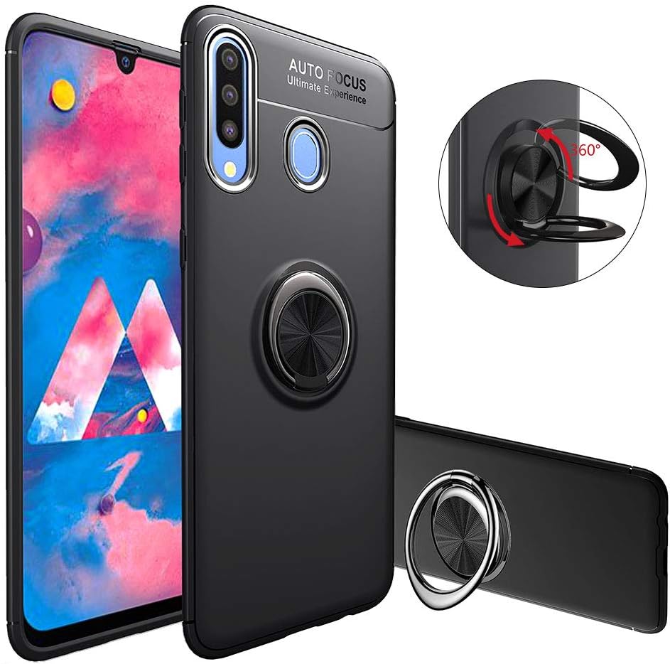Soft Silicone Case for Samsung Galaxy A20S,Moiky Stylish Shockproof Ultra Slim Fit Phone Case with 360 Metal Ring Holder Stand Case for Samsung Galaxy A20S,Black+Black