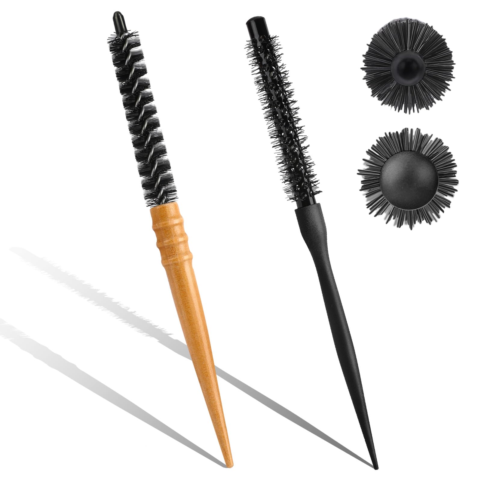 2 Pcs Mini Round Hair Brush - Nylon Bristles, Professional Styling for Short & Curly Hair, Blow Drying & Beard Care (Black & Wood Color)