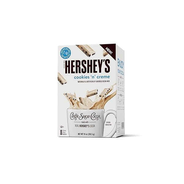 CANDY SHOP COCOA HERSHEY’S COOKIES ‘N’ CREME COCOA MIX HOT CHOCOLATE MAKE HOT OR ICED COCOA MADE WITH REAL MILK GLUTEN FREE 1.25 OZ PACKET (8 COUNT)
