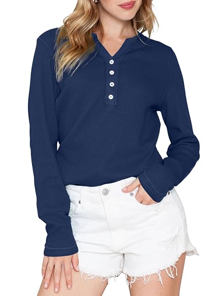 ACELITT WOMENS BLUE WAFFLE KNIT TUNIC TOPS FALL 2024 CASUAL LOOSE LONG SLEEVE BUTTON DOWN V NECK HENLEY SHIRTS X-LARGE