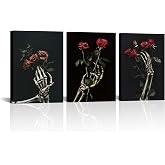 ChaudArt 3 Pieces Black and Grey Skull Wall Decor Pictures Skull Hand with Red Flowers Art Painting Halloween Decoration for Bedroom Living Room