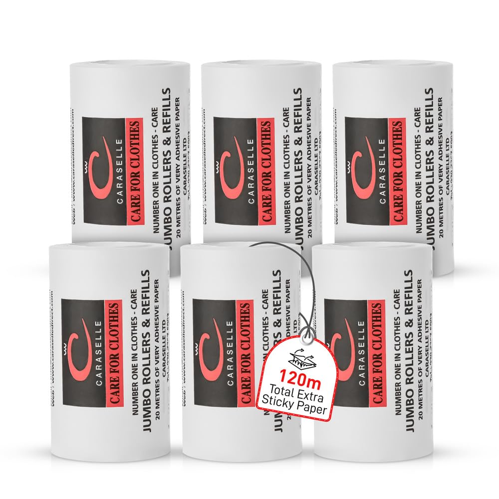 Caraselle Jumbo Lint Remover, 120m total (≈1200+ Sheets Equivalent) Extra Sticky Lint Roller for Dog Cat Hair on Clothes Sofa & Furniture Continuous No-Perforation Paper Stays Extra Sticky To The End