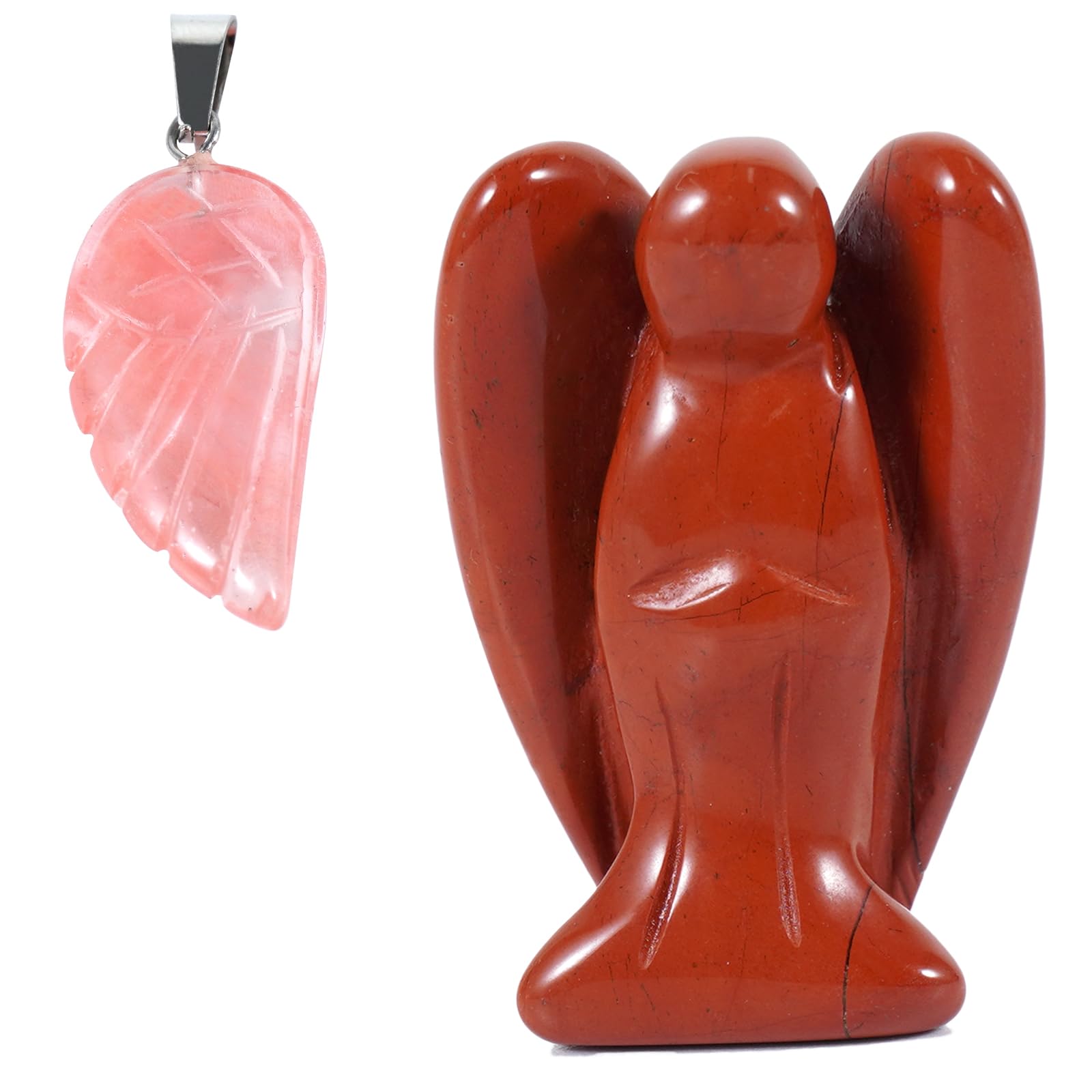 soulnioi 1.5" Natural Healing Crystal Gem Statue Guardian Angel Figurine for Home Room Decoration Ornament (Red Jasper), and 1pc Angel Wings Crystal Carved Necklace Pendant (30 * 15mm)