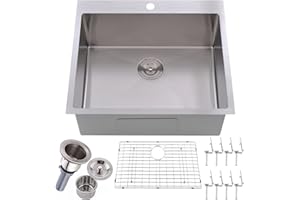 VALISY 25 x 22 Inch Drop In Kitchen Sink, Topmount Stainless Steel Brushed Nickel Single Bowl Kitchen Sink Extra-thick 16 Gauge For RV Kitchen Laundry Utility with Dish Grid and Basket Strainer