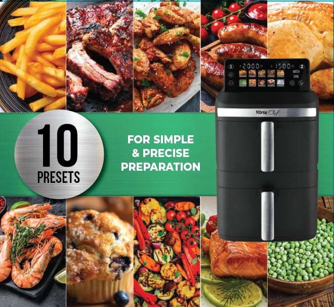 XXL 12.4L Stacked Dual Basket KönigChef Double Drawer Vertical Family Air Fryer, 2800W, FRY FORCE 360°, 10 Presets, Match & Sync, LED Touch Display - ZHAF-968A