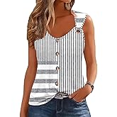 Womens Summer Tops Scoop Neck O Ring Shoulder Tank Tops Casual Sleeveless Button Front T Shirt Blouse