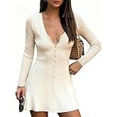 CJXJTIN Women Deep V Neck Button Down Mini Dress Casual Slim Fit Long Sleeve Ribbed Knitted Flowy Going Out Short Dress