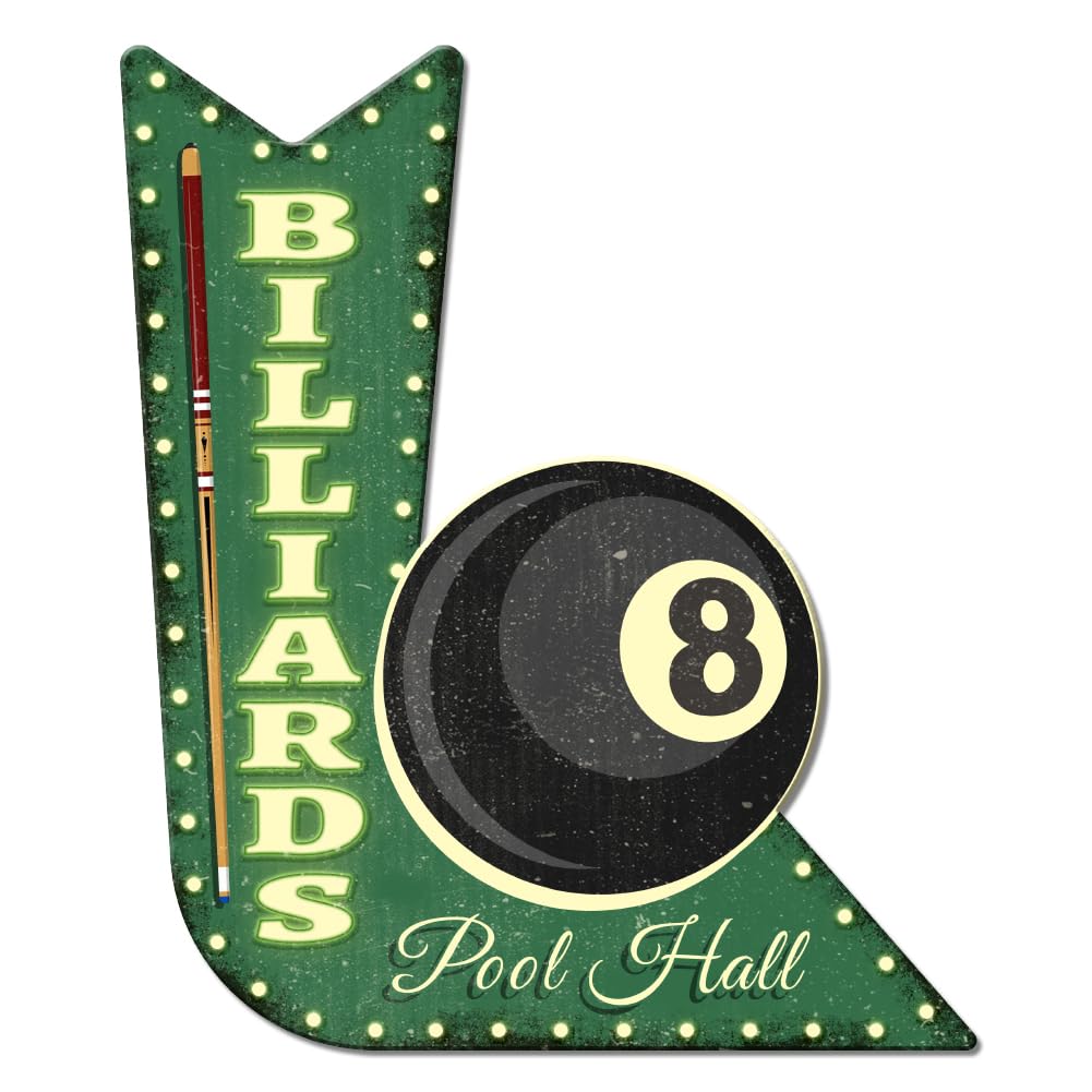 GLOBLELAND "Billiards" Vintage Metal Tin Sign Retro Arrow Sign Plaque Poster Metal Wall Decorative Tin Signs for Home Restaurant Coffee Shop Club Bar Decoration