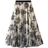 SUNYUESTAR Floral Skirts for Women Midi Length High Waisted A Line Cute Fairy Pleated Layered Tulle Skirt