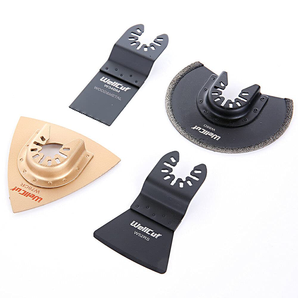 4PC Oscillating Multi Tool Blade Diamond Carbide Bi Metal Blades Scraper, Mixed Multi Tool Tilling Accessories for Wood Metal Cutting, Paint Sealant Grout Mortar Remover for DIY and Professional Users