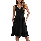 LILBETTER Women's Round Neck Summer Sundresses Casual Pleated Ruffle Hem Knee Length Sleeveless Tank Dress with Pockets