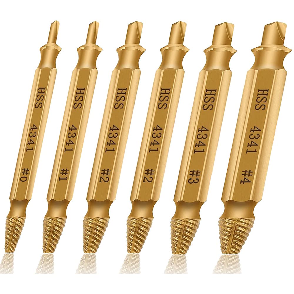 Loboo Idea Speed Out Screw Extractor Drill Bits Tool Set Broken Damaged Bolt Remover Guide Set Broken Easy Out Fastener Kit (6 Pieces HSS 4341#, Gold)