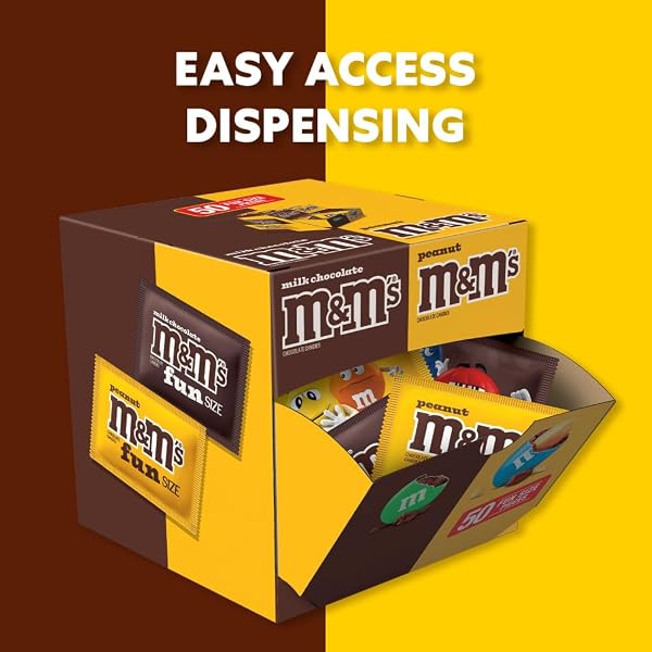 M&M’S MILK CHOCOLATE & M&M’S PEANUT FUN SIZE CANDY INDIVIDUALLY WRAPPED MILK CHOCOLATE VARIETY PACK PANTRY CUBE EASY OPEN AND CLOSE DISPENSER FOR CONVENIENT SNACKING, 50 CT BULK BOX