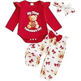 Vicaankue Newborn Infant Baby Girl Valentines Day Outfit My First Valentines Day Ruffle Long Sleeve Romper Hearts Pants Set