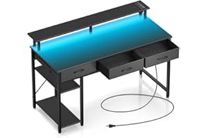 Rolanstar Computer Desk with Power Outlets & LED Light, 47 inch Home Office Desk with Drawers and Storage Shelves, Writing De