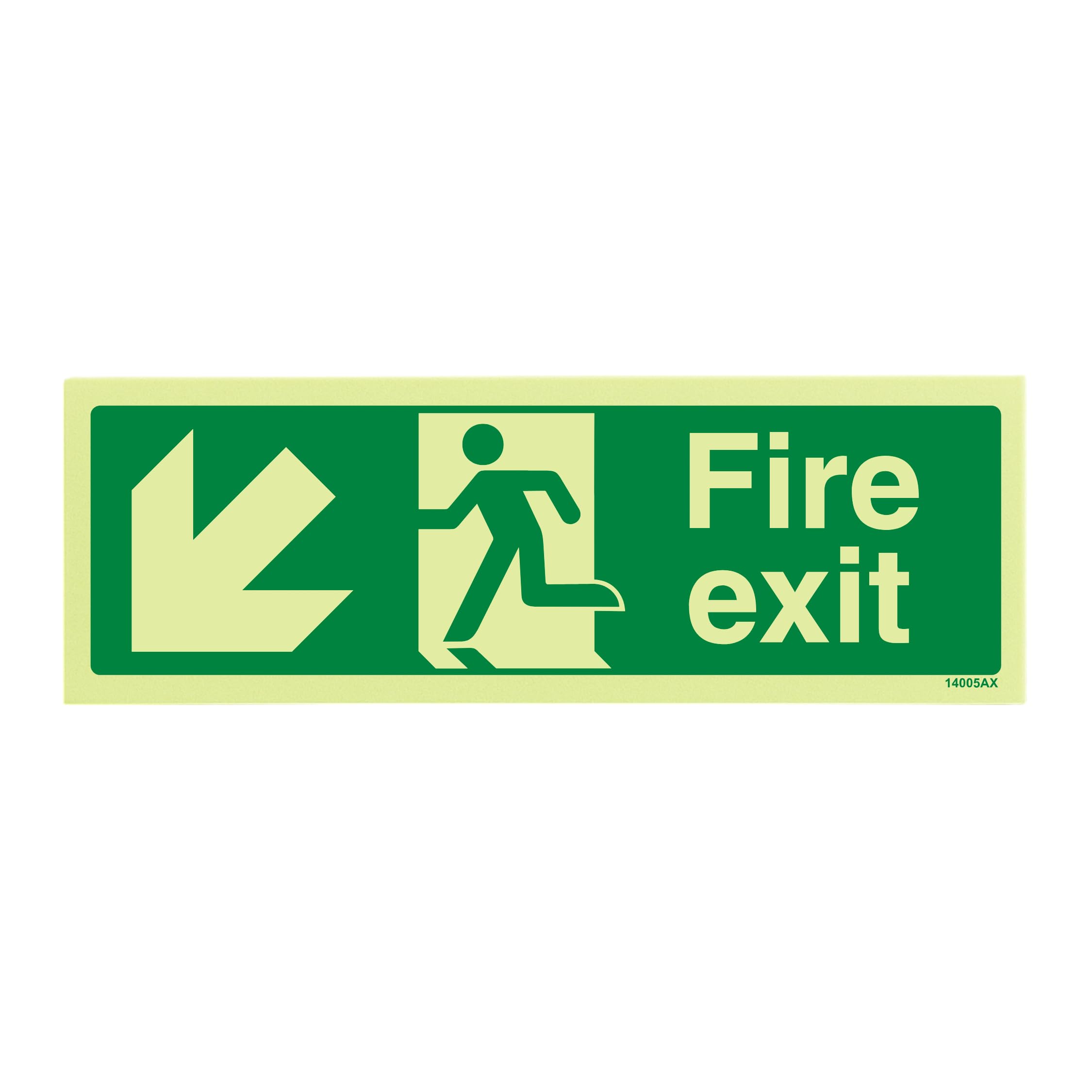 V Safety Glow In The Dark Fire Exit Arrow Down Left Sign - 300mm x 100mm - Rigid Plastic — image 1