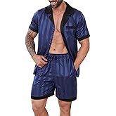 DEARCASE Men's Pajamas Set - Satin Silk Sleepwear, Short Sleeve Button Down 2 Piece Loungewear, Soft & Cooling Pjs for Men