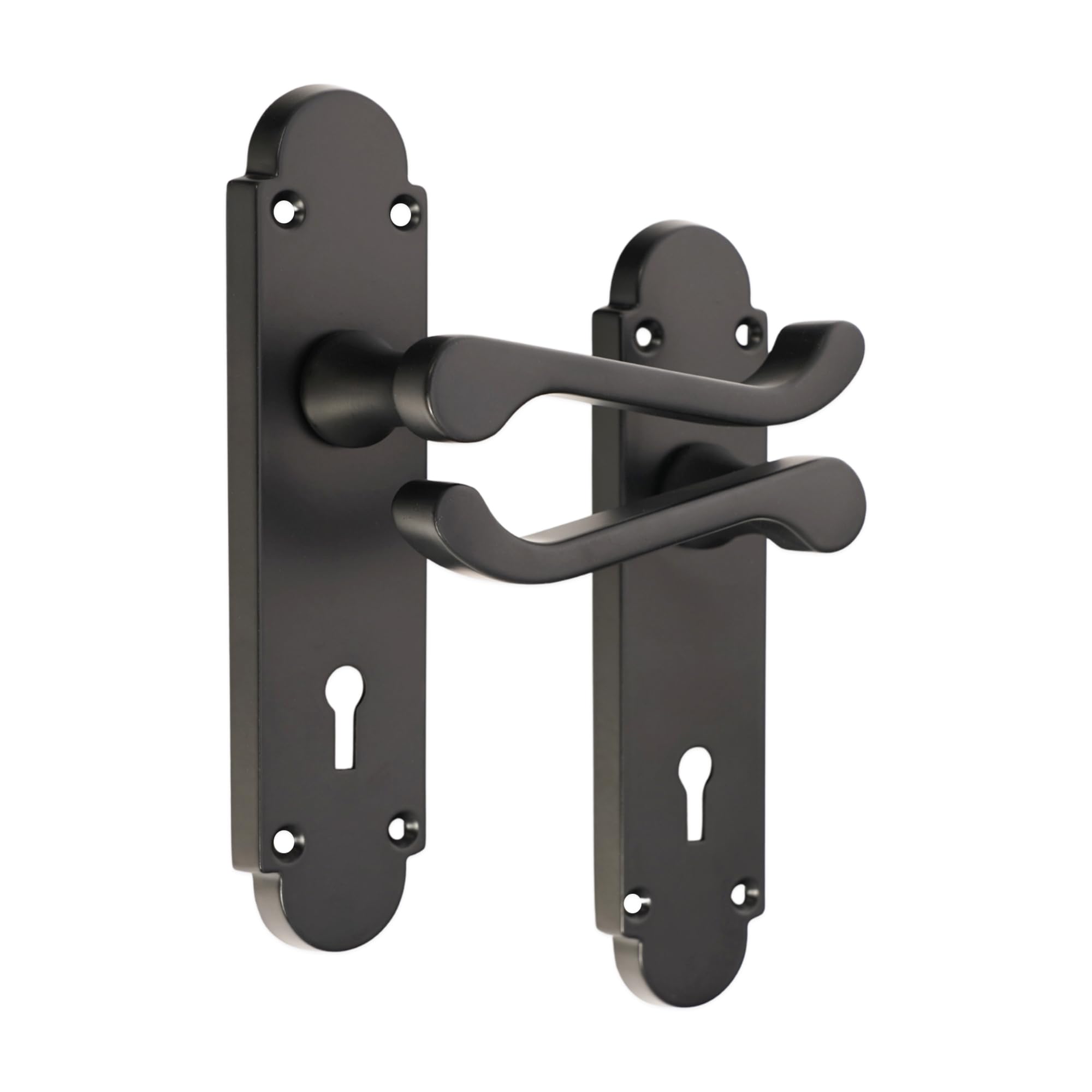 Infinity Decor Pair of Victorian Scroll Matt Black Curved Lever on Shaped Backplate Keyhole Lock Door Handles Set - Ideal for Interior & Exterior Doors