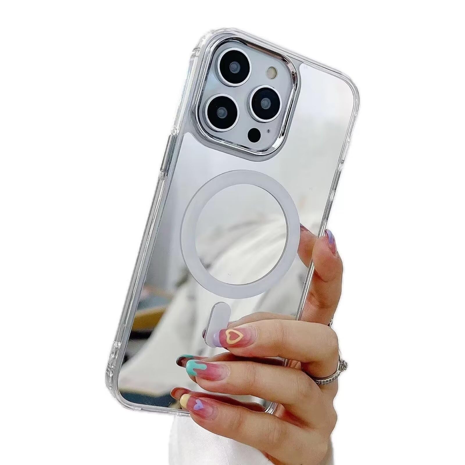 Rnrieyta Miagon Mirror Magnetic Case for iPhone 14 Pro,Cover [Compatible with Magsafe] Makeup Mirror Effect Bright Reflection Plating Bumper Back Rubber Phone Case