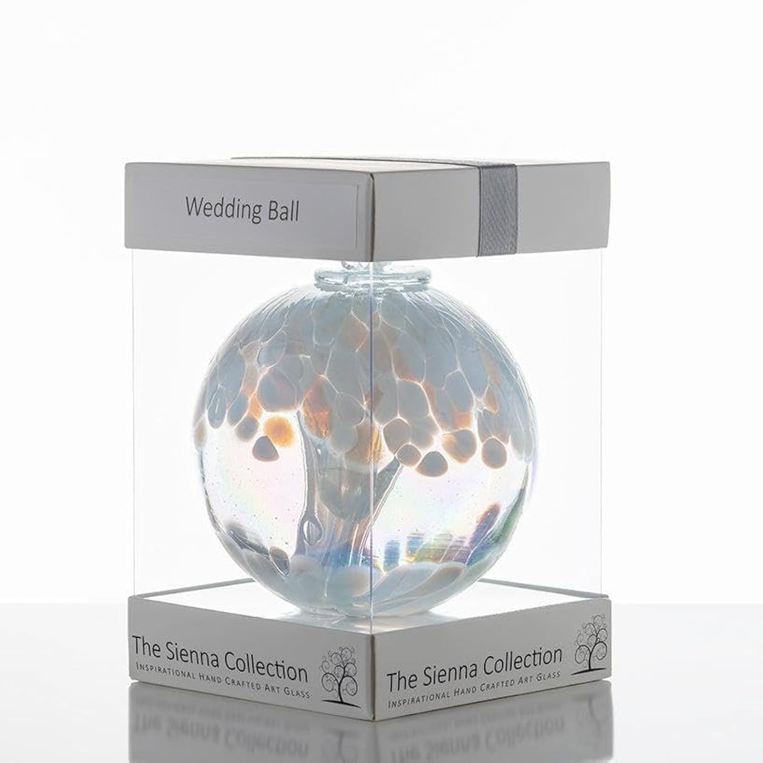Sienna Glass 10cm White Wedding Spirit Ball – Handcrafted Mouth-Blown Glass Ornament with Internal Strands – Gift-Boxed Keepsake with Ribbon and Tag – Symbolic Wedding Decoration and Gift