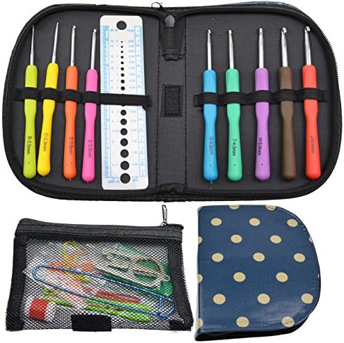 Crochet Hooks Set 9 Sizes, Ergonomic Grip Handle with Sewing Tape Measure, Gauge Measure Ruler, Yarn Needles, Stitch Markers and Holders, Row Counter 22 pcs Accessories in Strudy Case by NATUREBELLE