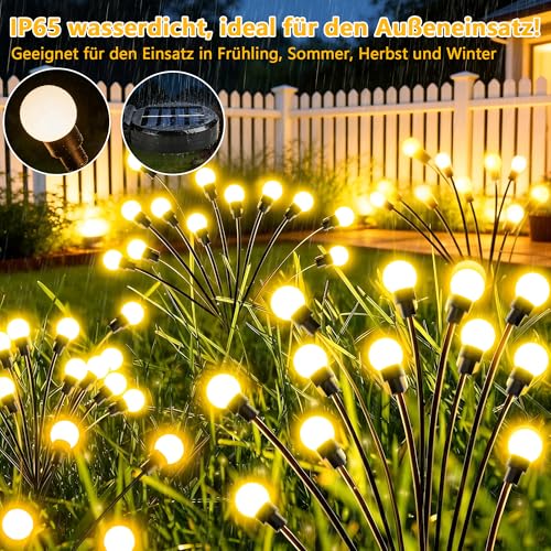 Solar Lights for Outdoor Garden, 4 Pieces Solar Fireflies 10 LEDs, Solar Lights for Outdoor Use with IP65 Waterproof Warm White 8 Light Modes Height Adjustable Swinging Solar Lights for Garden Walkway