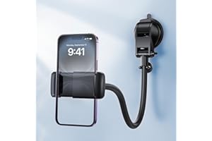 HIYJEN Long Arm Vacuum Suction Cup Shower Phone Holder Clip, Mirror Phone Mount For Bathroom Stick On Wall Makeup Mirror Kitchen Window Bathroom Phone Stand Fit For iPhone 16 15 14 13 12 & Cell Phones