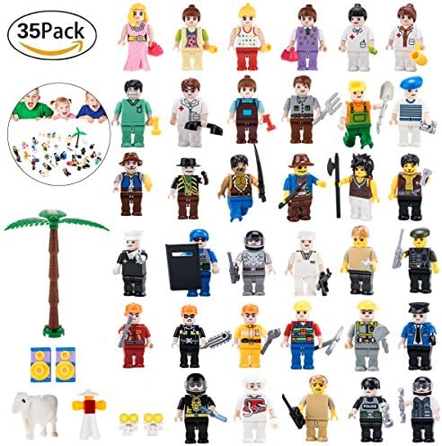 Minifigures Set of 35 Building Bricks mini People and 42 Accessories, Fit with All Major Brick Sets,Assemble Building Party Toys Kit,Lego-Compatible