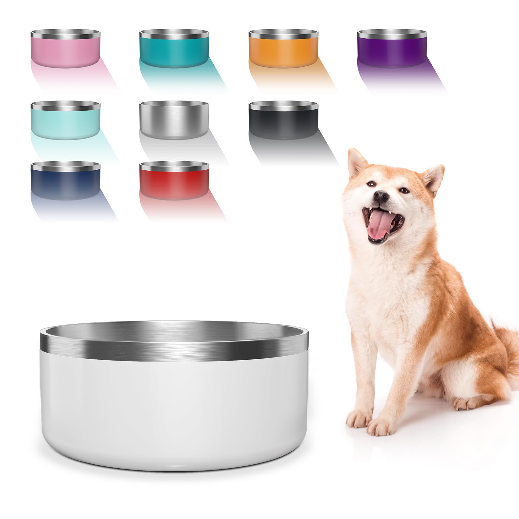 Photo 1 of WENBOKMIN Dog Bowl, Stainless Steel Dog Food and Water Bowl with Non Slip Quiet Bottom, Easy to Clean, Dishwasher Safe, 64oz, White