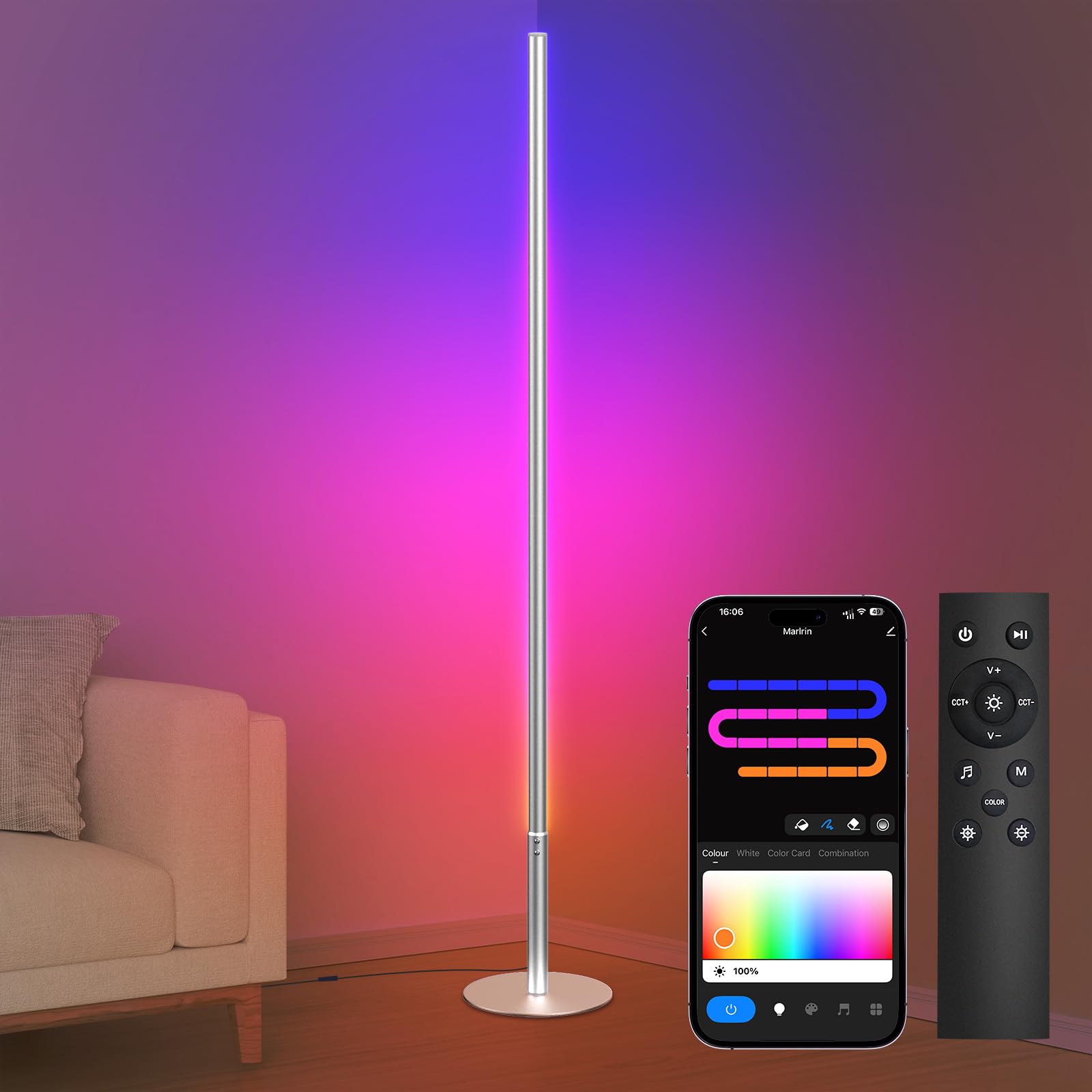 Photo 1 of Marlrin RGBW Floor Lamp, Color Changing Standing LED Corner Lamp, Modern Lamp with Music Sync, Compatible with Alexa?Wi-Fi APP and Remote Control, 57.8" Floor Lamp for Living Room and Bedroom, Silver
