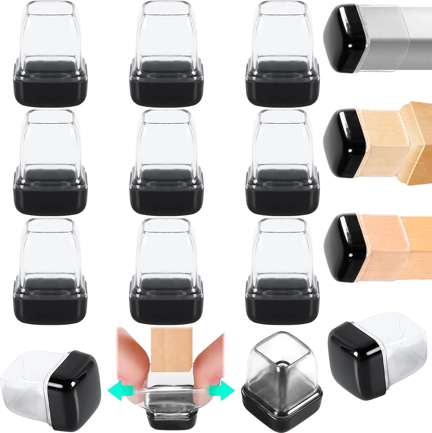 Ezprotekt Chair Leg Covers, 16 PCS Chair Leg Sliders for Carpet Furniture Feet Protectors Pads 0.75 inch Square Transparent Color TPE High Elastic Soft Rubber with Black Teflon No Noise No Scratches